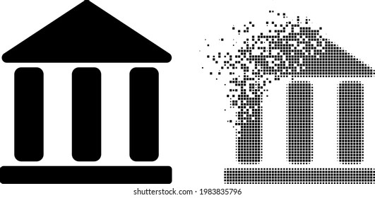Dispersed dotted library building vector icon with destruction effect, and original vector image. Pixel disappearing effect for library building demonstrates speed and movement of cyberspace concepts.