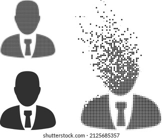 Dispersed dotted manager vector icon with wind effect, and original vector image. Pixel defragmentation effect for manager demonstrates speed and motion of cyberspace matter.