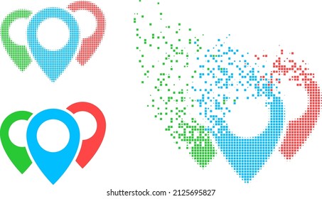 Dispersed dotted map pointers vector icon with destruction effect, and original vector image. Pixel degradation effect for map pointers shows speed and motion of cyberspace concepts.