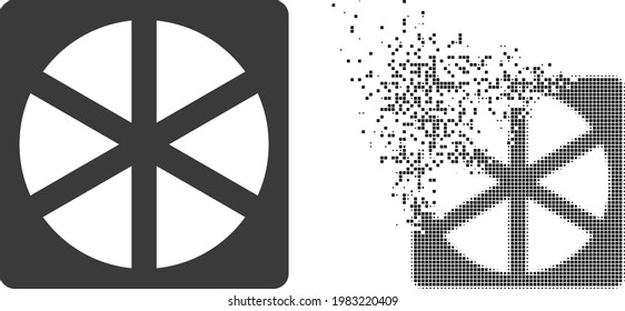 Dispersed dotted pizza box vector icon with wind effect, and original vector image. Pixel erosion effect for pizza box demonstrates speed and motion of cyberspace items.