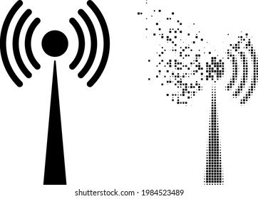 Dispersed dotted radio tower vector icon with wind effect, and original vector image. Pixel mist effect for radio tower shows speed and motion of cyberspace items.