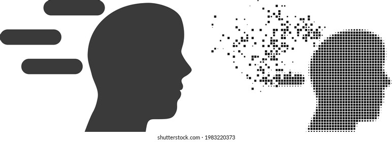 Dispersed dotted rush mind vector icon with destruction effect, and original vector image. Pixel dissolving effect for rush mind shows speed and movement of cyberspace things.