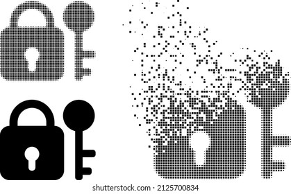 Dispersed dotted secrecy vector icon with destruction effect, and original vector image. Pixel fragmentation effect for secrecy demonstrates speed and motion of cyberspace items.