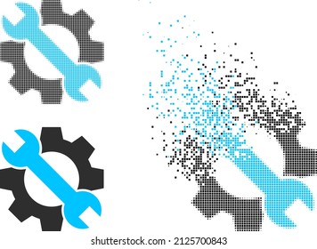 Dispersed dotted service tools vector icon with destruction effect, and original vector image. Pixel transformation effect for service tools shows speed and motion of cyberspace abstractions.
