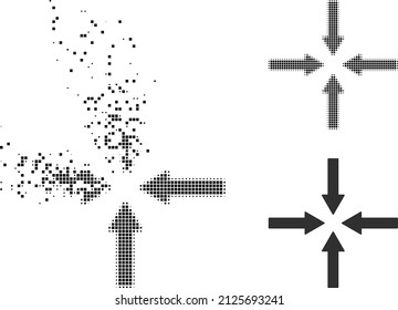 Dispersed dotted shrink arrows vector icon with destruction effect, and original vector image. Pixel destruction effect for shrink arrows shows speed and motion of cyberspace things.