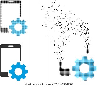 Dispersed dotted smartphone settings vector icon with destruction effect, and original vector image. Pixel burst effect for smartphone settings demonstrates speed and motion of cyberspace things.