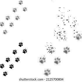 Dispersed dotted tiger paw trace vector icon with destruction effect, and original vector image. Pixel destruction effect for tiger paw trace demonstrates speed and movement of cyberspace items.