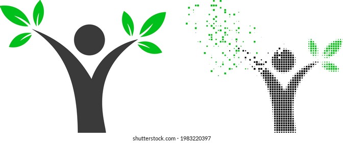 Dispersed dotted tree man vector icon with destruction effect, and original vector image. Pixel dissolving effect for tree man demonstrates speed and motion of cyberspace matter.