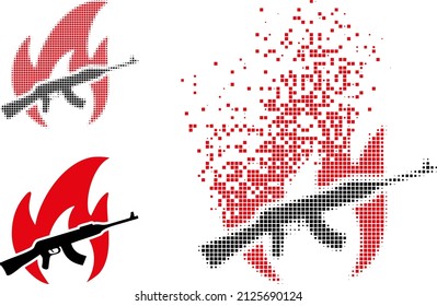 Dispersed dotted war fire vector icon with wind effect, and original vector image. Pixel dematerialization effect for war fire demonstrates speed and movement of cyberspace things.