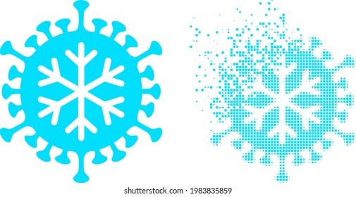 Dispersed dotted winter virus vector icon with destruction effect, and original vector image. Pixel destruction effect for winter virus demonstrates speed and motion of cyberspace items.