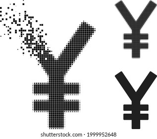 Dispersed dotted yen icon with halftone version. Vector destruction effect for yen icon. Pixel explosion effect for yen demonstrates movement of virtual world.
