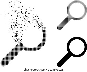 Icono de vector de zoom punteado con efecto de destrucción e imagen vectorial original. El efecto de erosión de píxeles para el zoom muestra la velocidad y el movimiento de los conceptos del ciberespacio.