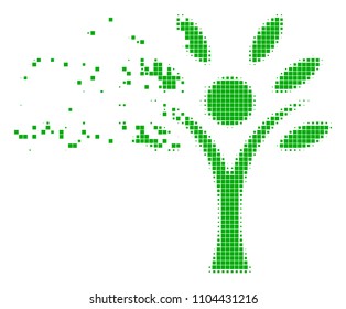 Dispersed eco man dotted vector icon with disintegration effect. Rectangle particles are combined into dissipated eco man form. Pixel destruction effect shows speed and movement of cyberspace objects.
