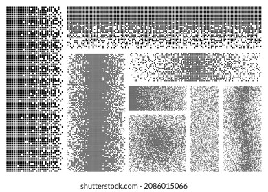 Dispersed elements. Disintegration, pixel dissolve squares effect. Pixelation shapes, dispersion fragments. Flat black destruction recent vector elements