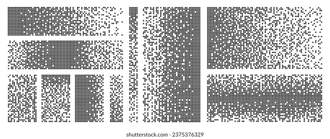 Elementos dispersos. Escuadrones pixelados, destrucción de fragmentos. Elemento de dispersión negro plano, fondo de desintegración de píxeles colección vectorial de racy