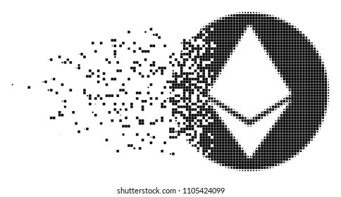 Dispersed Ethereum coin dot vector icon with wind effect. Square items are organized into disappearing Ethereum coin figure. Pixel dust effect demonstrates speed and motion of cyberspace things.