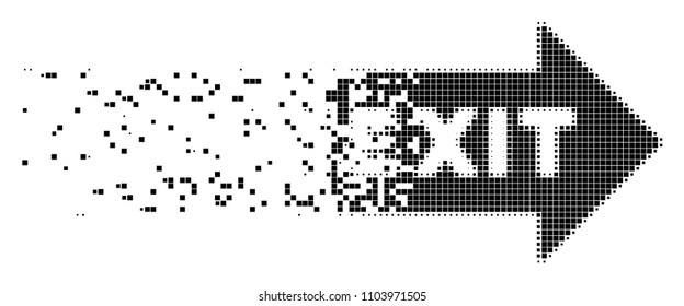 Dispersed exit arrow dot vector icon with disintegration effect. Rectangular particles are composed into damaging exit arrow figure.