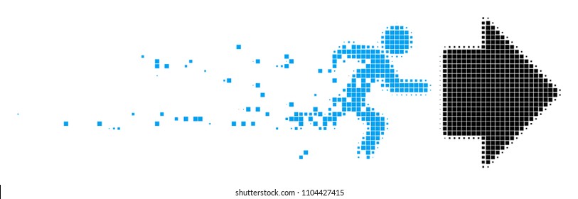 Dispersed exit direction dotted vector icon with disintegration effect. Rectangle pieces are grouped into dissolving exit direction form.