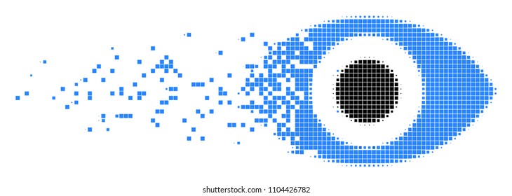 Icono de Vector punteado de ojo disperso con efecto de desintegración. Las partículas rectangulares se organizan en forma de ojo disipado. El efecto de explosión de píxeles muestra la velocidad y el movimiento de los conceptos del ciberespacio.