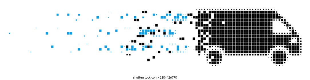 Dispersed fast delivery car dot vector icon with disintegration effect. Rectangle particles are combined into damaging fast delivery car shape.