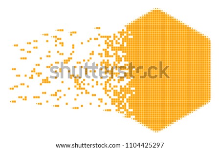 Dispersed filled hexagon dot vector icon with disintegration effect. Square pieces are organized into dispersed filled hexagon shape.