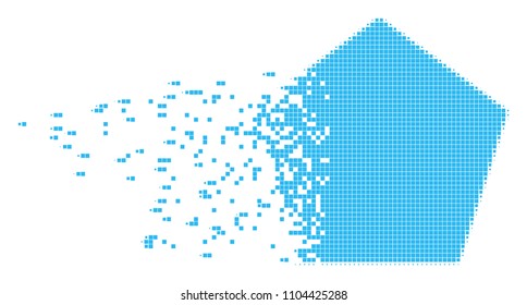 Dispersed filled pentagon dotted vector icon with disintegration effect. Square fragments are grouped into dissolving filled pentagon form.