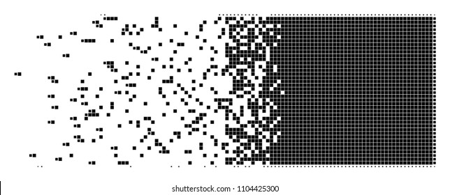 Dispersed filled rectange dotted vector icon with disintegration effect. Rectangle pixels are arranged into damaging filled rectange shape.