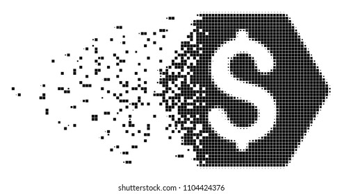 Dispersed finance dot vector icon with disintegration effect. Square points are composed into dissolving finance form. Pixel transformation effect demonstrates speed and motion of cyberspace matter.