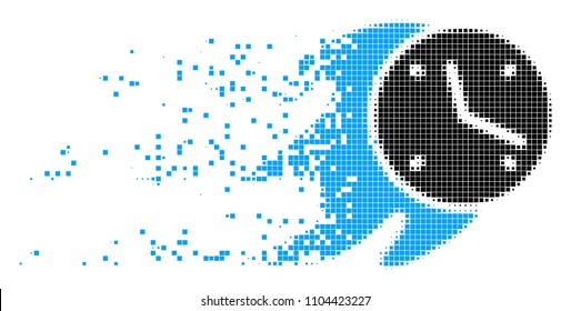 Dispersed fire deadline clock dotted vector icon with disintegration effect. Square points are grouped into dispersed fire deadline clock shape.
