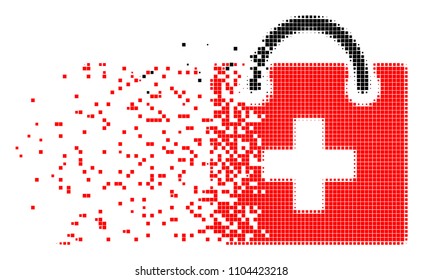 Dispersed first aid kit dotted vector icon with disintegration effect. Rectangular pieces are combined into damaging first aid kit shape.