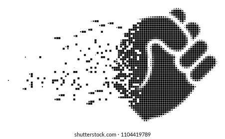 Dispersed fist dot vector icon with disintegration effect. Rectangular cells are grouped into dissolving fist form. Pixel dissipating effect demonstrates speed and movement of cyberspace things.