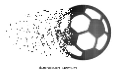 Dispersed football ball dot vector icon with disintegration effect. Rectangular particles are combined into dissipated football ball figure.