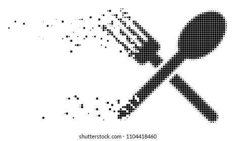 Dispersed fork and spoon dot vector icon with disintegration effect. Square pixels are combined into dissolving fork and spoon figure.