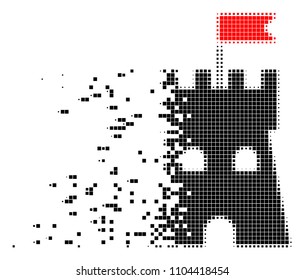 Dispersed fortress tower dotted vector icon with disintegration effect. Rectangle elements are combined into damaging fortress tower figure.