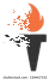 Dispersed freedom fire torch dotted vector icon with disintegration effect. Rectangle pieces are composed into disappearing freedom fire torch form.