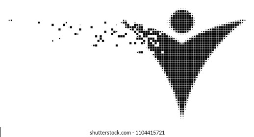 Dispersed futuristic man dotted vector icon with disintegration effect. Rectangular pieces are combined into damaging futuristic man shape.