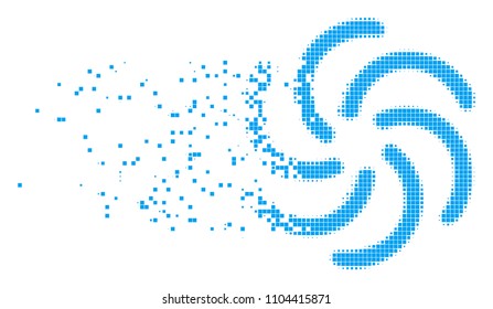 Dispersed galaxy dotted vector icon with disintegration effect. Rectangle dots are combined into disappearing galaxy form. Pixel dissolution effect demonstrates speed and movement of cyberspace items.