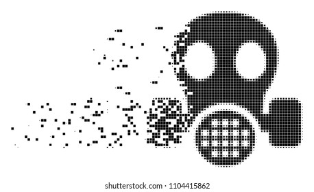 Dispersed gas mask dotted vector icon with disintegration effect. Square points are organized into dissipated gas mask shape.