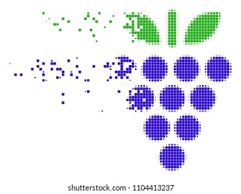 Dispersed grapes dotted vector icon with disintegration effect. Rectangle fragments are combined into damaging grapes figure.
