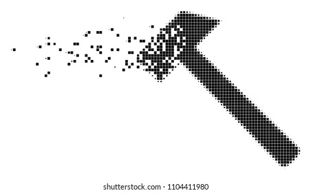 Dispersed hammer dot vector icon with disintegration effect. Rectangular points are organized into dispersed hammer figure. Pixel transformation effect shows speed and motion of cyberspace objects.