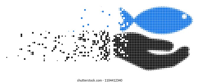 Dispersed hand offer fish dotted vector icon with disintegration effect. Square particles are arranged into disappearing hand offer fish figure.