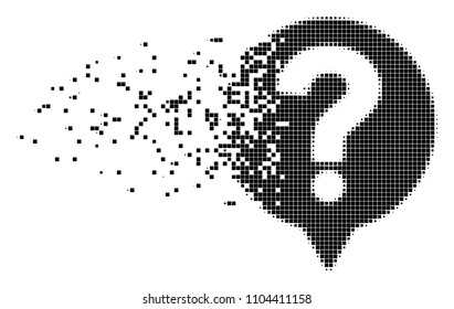 Dispersed help balloon dotted vector icon with disintegration effect. Rectangular points are composed into damaging help balloon form.