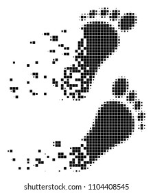Dispersed human steps dot vector icon with disintegration effect. Square elements are arranged into dispersed human steps shape.