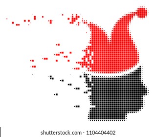 Dispersed joker dot vector icon with disintegration effect. Square pixels are grouped into damaging joker shape. Pixel dispersing effect shows speed and movement of cyberspace concepts.