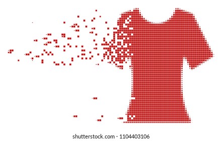 Dispersed lady T-shirt dot vector icon with disintegration effect. Square fragments are composed into dissipated lady T-shirt shape.