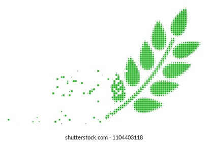 Dispersed leaf branch dotted vector icon with disintegration effect. Square fragments are arranged into dissolving leaf branch figure.