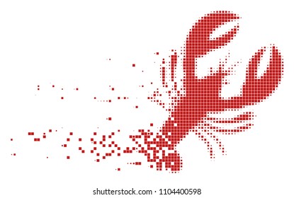 Dispersed lobster dot vector icon with disintegration effect. Rectangular items are organized into dissolving lobster form. Pixel dispersing effect shows speed and motion of cyberspace items.