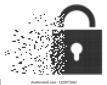 Dispersed lock dotted vector icon with disintegration effect. Rectangular pieces are composed into dissipated lock figure.