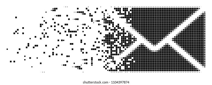 Dispersed mail envelope dotted vector icon with disintegration effect. Rectangle fragments are combined into dissipated mail envelope figure.