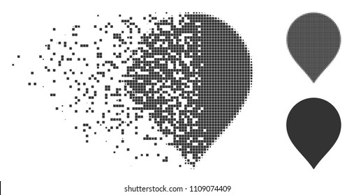 Dispersed map marker pixel icon with disintegration effect. Halftone pixelated and intact whole gray versions. Dots have square shape. Pieces are combined into dissipated map marker figure.